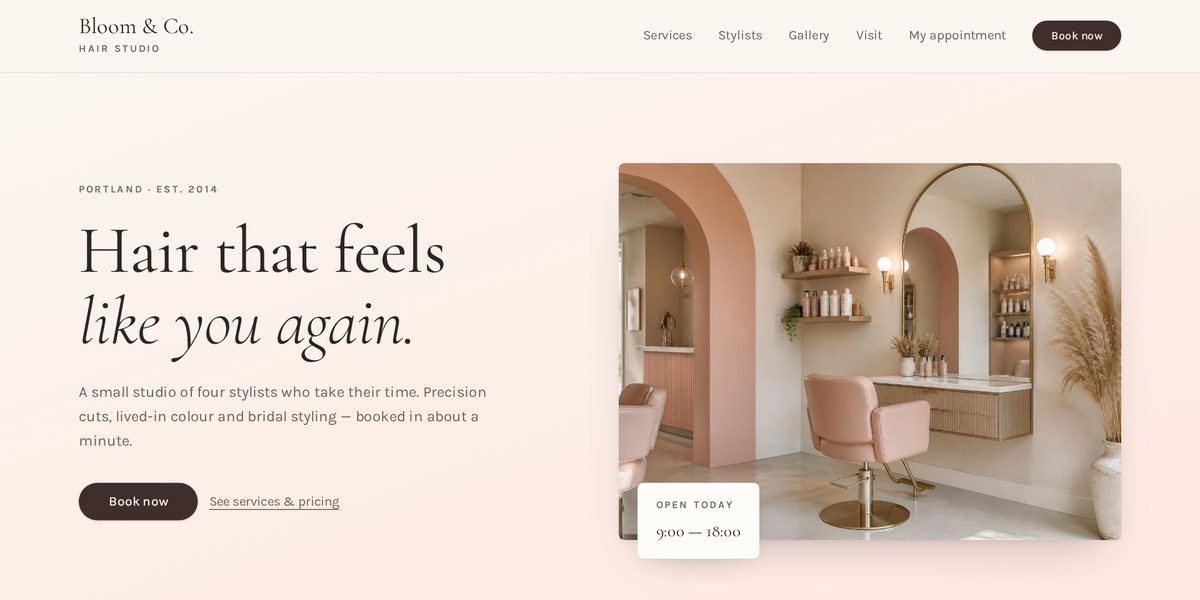 Screenshot of the Bloom & Co. Hair Studio salon booking system