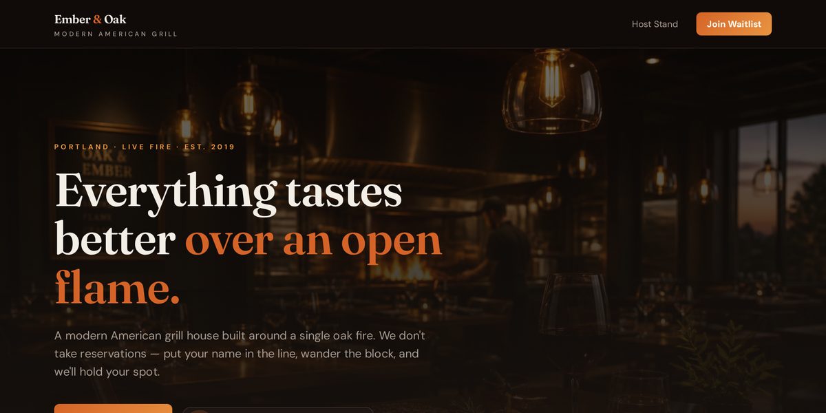 Screenshot of the Ember & Oak restaurant waitlist system