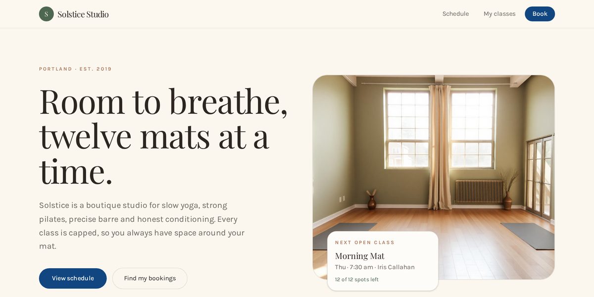 Screenshot of the Solstice Studio fitness class booking system